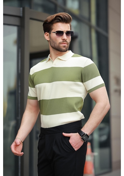 Madmext Haki Polo Yaka Çizgili Erkek Triko Tişört E7411 Haki