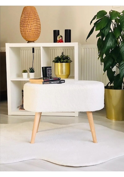 Gürgen Ahşap Ayak Welsoft Kumaş Oval Pufidik Puf Bench Tabure Sandalye Beyaz