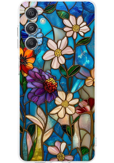Printify Samsung Galaxy M34 İle Uyumlu Vitray Mavi Bahar Tasarımlı Şeffaf Silikon Kılıf Şeffaf