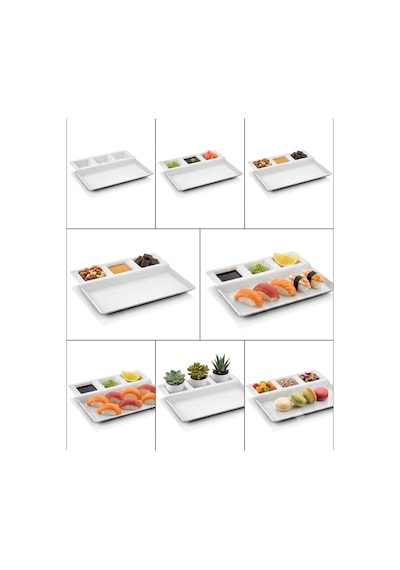 12 Adet 4 Bölmeli Melamin Sunum Bölmeli Kahvaltı Tabağı Sosluklu Tabldot Tepsi - Kırmızı 27x23 Cm Bö Beyaz