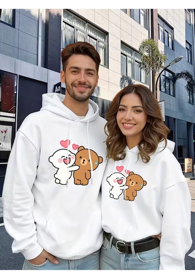 Nevermind Sevgili Çift Kombini Sevimli Ayıcık Baskılı Kapüşonlu Sweatshirt Beyaz