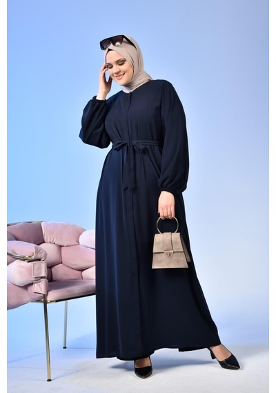 Kadin Buyuk Beden Tesettur Ferace Fermuarlı Yandan Baglamalı Kusaklı Ferace Elbise Oversize 001
