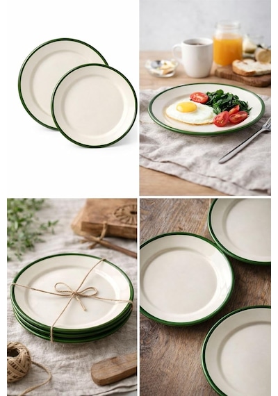 4'lü Emaye Servis Tabağı Seti - 25 Cm Krem Renkli Yeşil Kenarlı Yemek Tabağı Takımı - Retro Nos Krem Yesil