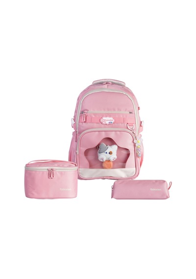 Relaxion 1920 İlkokul Kız Çocuk Pembe Ergonomik Okul Çantası 3'lü Set Beslenme Çantalı Kalemlikli Pembe Pembe