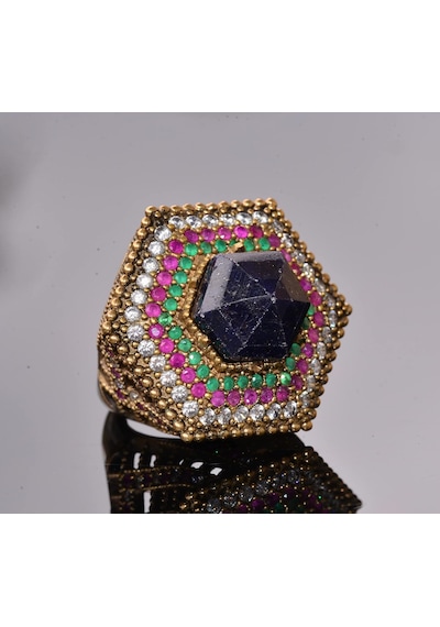 Gerçek Doğal Safir Taşlı Yüzük, 12.35 Karat, Gümüş Unisex Hurrem Sultan Yüzüğü Gümüş
