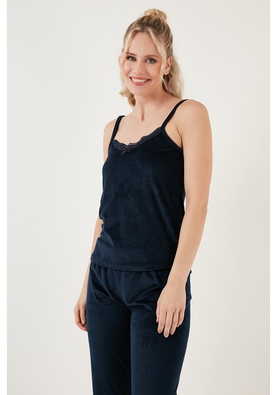 Lela Regular Fit Dantelli Yumuşak Dokulu Sabahlıklı Kadife Bayan Pijama Takımı 6095545 Lacivert