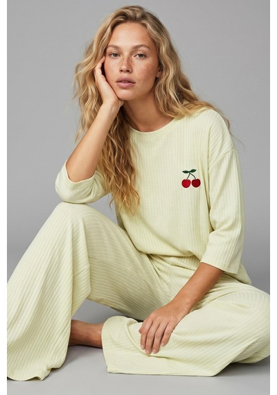 Siyah İnci Soft Touch Ince Örme Nakışlı Pijama Takım Su Yeşili