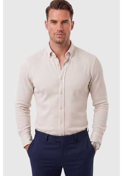 Rizzup Erkek %97 Pamuk Slim Fit Dar Kesim Petek Dokulu Likralı Örme Bej Gömlek 2600707