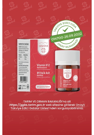 Erbatab Vitamin B12 Folik Asit B9 Takviye Edici Gıda 30 Çiğneme Tablet