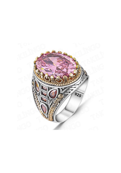 Takılingo 925 Ayar Gümüş Pembe Zirkon Taşlı Usta İşi Erkek Yüzük Gümüş
