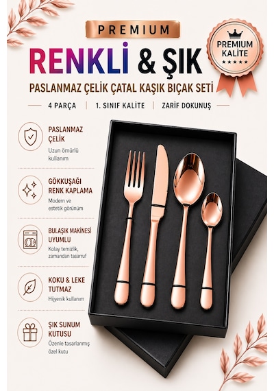 Premium Paslanmaz Çelik Çatal, Kaşık Ve Bıçak Seti Modern Bakır Renk 4 Parça