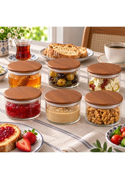 Akasya Kapaklı Cam Kavanoz 450 Ml- Altılı Set Kahverengi