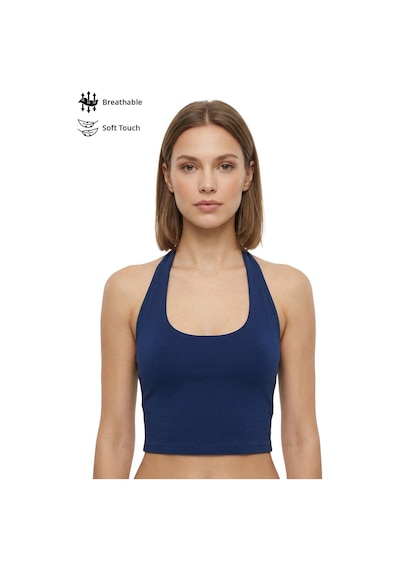 Cottonhıll Lacivert Viskon Halter Yaka Sırt Dekolteli Kadın Crop Atlet