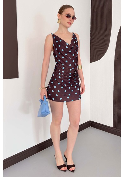 Verymoda Puantiye Baskılı Elbise D3024 Kahve Turkuaz