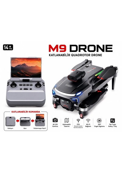 M9 Dron Katlanabilir Ekranlı Kumanda 4k Çift Çift Lens Fvp Kameralı Wi-fi Canlı Görüntü Aktarımı Takip Et Modu Katlanabilir Özel Çantalı 360 Dere Engel Algılamalı Fırçasız Motor Renkli Aydınlatma
