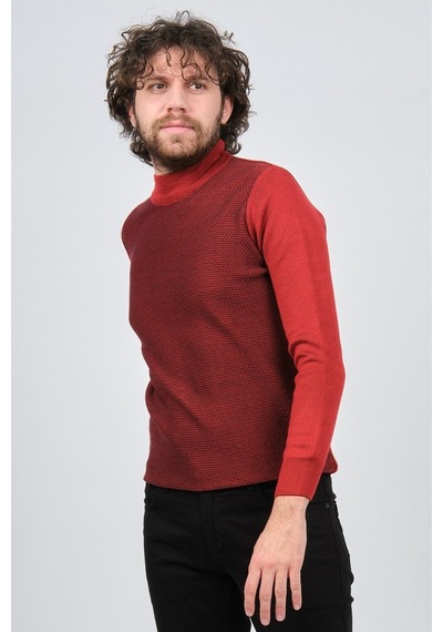 Çizgi Triko Erkek Yarım Balıkçı Yaka Desenli Kazak 42564229 Bordo Bordo