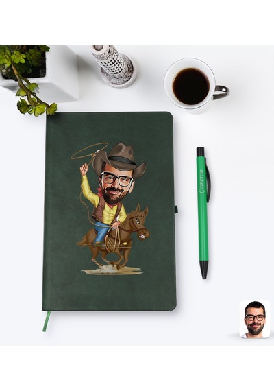 Kişiye Özel Kovboy Karikatürlü Yeşil Termo Deri Defter Kalem Seti N11.840