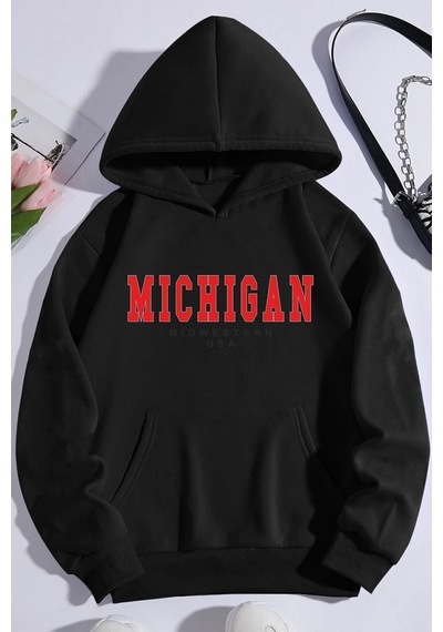 Uyguntarz Unisex Michigan Baskılı Sweatshirt siyah