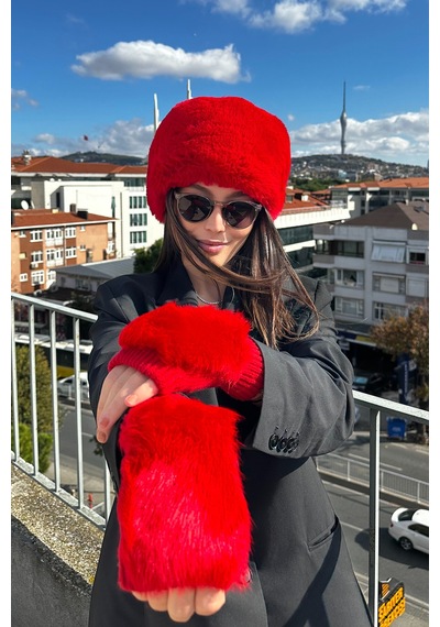 Mollycrush Kadın Kırmızı Kalpak Ve Eldiven Set Kırmızı