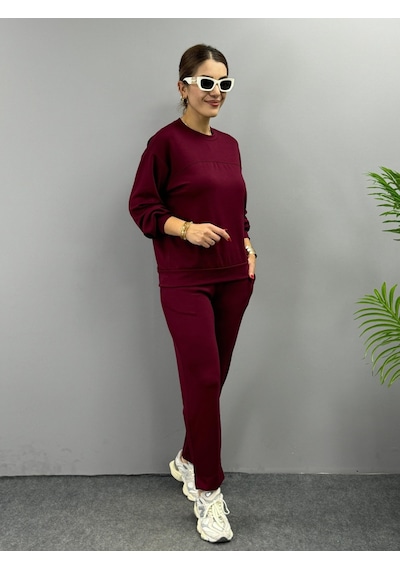 Sidelya Concept Kadın Uzun Kollu Bisiklet Yaka Viskon Iki Iplik Bluz Ve Pantolon Ikili Takım Bordo