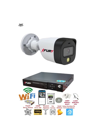 Fury 1 Kameralı 1080p 2mp Görüntü Gece Renkli Full Hd Ultra Led Gece Renkli Güvenlik Kamerası Seti 500gb