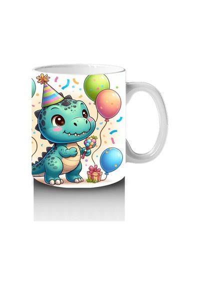 Çocuklara Sütü Sevdiren Doğum Günü Şapkalı Balonlu Dinozor Desenli Kupa Bardak Çok Renkli