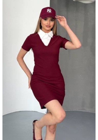 Ded Collectıon Kadın Beyaz Gömlek Yaka Detaylı Ottoman Kumaş Kısa Kol Mini Elbise Bordo