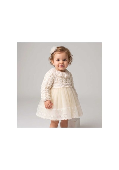Ministok Sophia Toka Aksesuarlı Dantel Kız Bebek Elbise Ekru