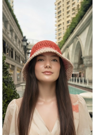 Mollycrush Kadın Kırmızı Geçişli Hasır Örgü Bucket Yazlık Plaj Ve Tatil Şapkası Kırmızı