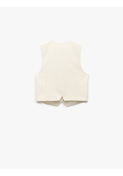 Koton Kolsuz V Yaka Düğme Detaylı Çizgili Blazer Yelek Bej Çizgili 5sak20087uw Ekru Çizgili Ekru Koton Kolsuz V Yaka Düğme Detaylı Çizgili Blazer Yelek Bej Çizgili 5sak20087uw Ekru Çizgili Ekru