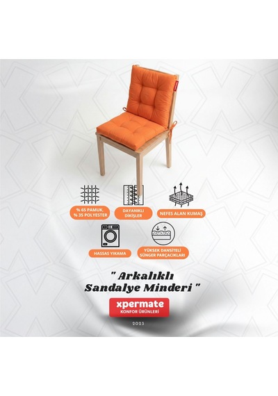 Pofuduk Arkalıklı Sandalye Minderi Bağcıklı Yıkanabilir Dekoratif Minder Turuncu