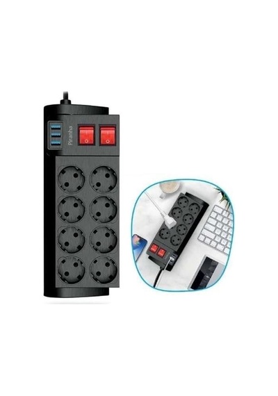 Isıya Dayanıklı Termal Akım Korumalı 2 Metre 16a 4000w 8li Priz Ve 3 Usb Li Uzatma Kablosu Çok renkli