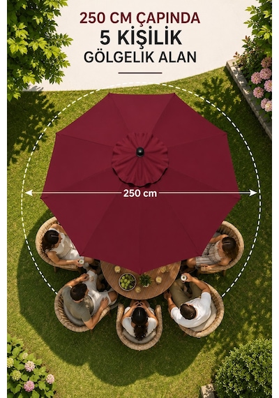 Alubrella Yuvarlak Bahçe, Güneş Şemsiyesi Bordo 250 Cm Çap/8 Çelik Tel Bidonsuz