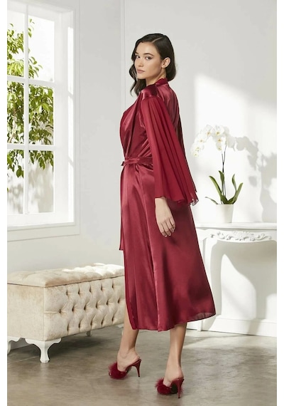Pierre Cardin Saten Dantelli Gecelik ve Sabahlık Takımı 4375 Bordo