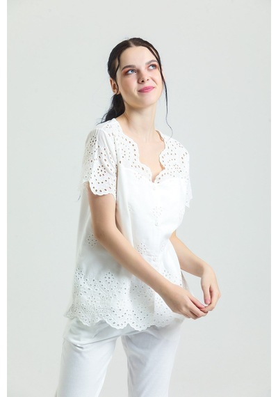 Genel Markalar Pamuklu Brode Dantelli Kadın Pijama Takımı Ekru - 619115351 Ekru