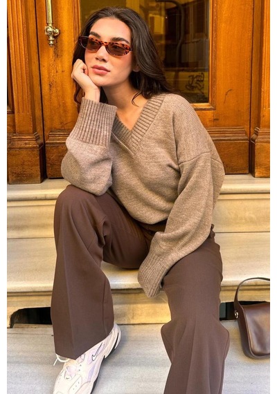 Madmext Vizon V Yaka Oversize Kadın Triko Kazak Mg2149 Vizon