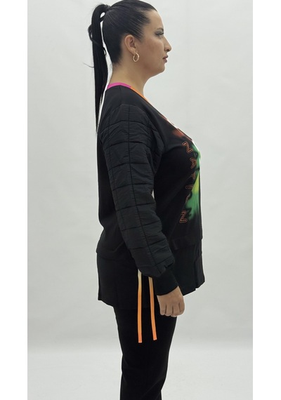Büyük Beden Grafikli Viskon Uzun Kol Oversize Kadın Sweatshirt Siyah