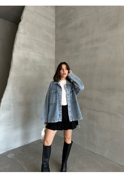 Esra Butik78 Açık Mavi Yıkamalı Oversize Kot Ceket Çift Cepli Salaş Denim Ceket