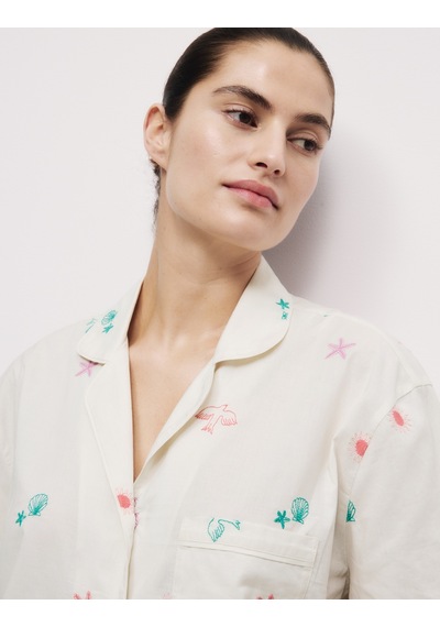 Marks & Spencer Saf Pamuklu Nakışlı Kısa Pijama Takımı T37002146J Krem