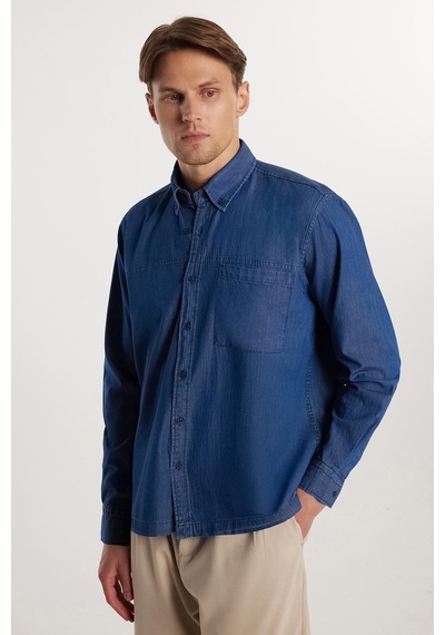Tudors Regular Fit Rahat Kesim Cepli Denim Düğmeli Yaka Mavi Kot Gömlek-33297 Mavi