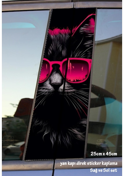 Gözlüklü Kedi Sticker Yan Kapı Direk Kaplama 2li Sol Sağ Takım Yapıştırma