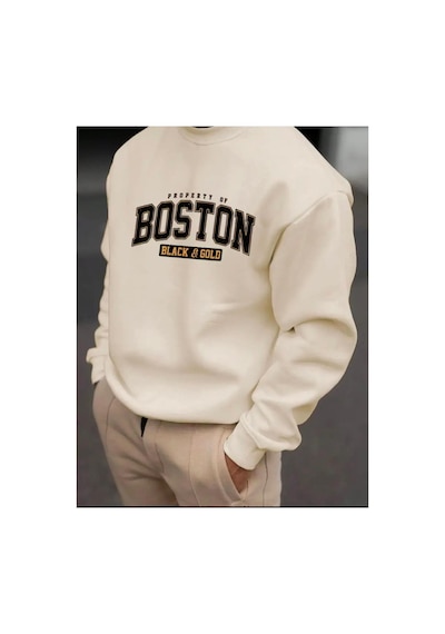 Medinenur Boston Yazı Baskılı Bisiklet Yaka Sweatshırt Bej