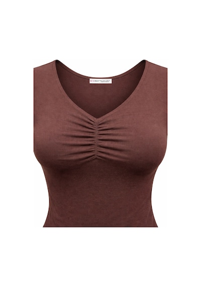 Mixray 2080 Kadın V Yaka Büzgü Detaylı Kısa Kollu Basic T-shirt Kahve Kahverengi