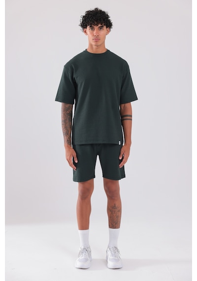Rowinger Waffle Dokulu Oversize T-shirt Ve Şort Erkek Takım Darkgreen