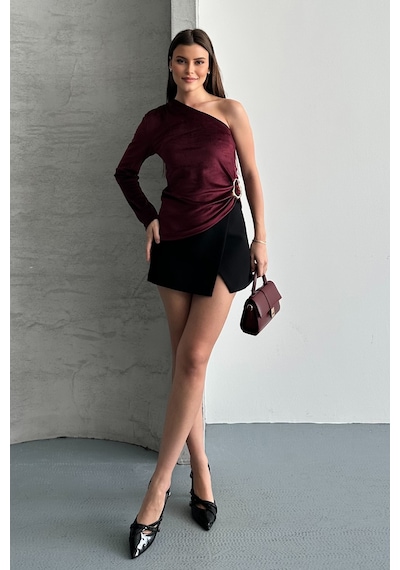 Giysa Kadın Asimetrik Yaka Aksesuar Detaylı Kadife Bluz Siyah - 2760 Bordo