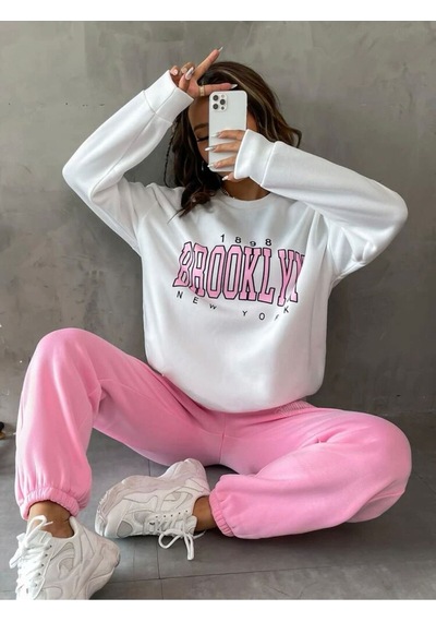 Kadın Brooklyn Baskılı Eşofman Takımı Beyazpembe