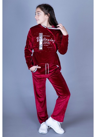 Toontoy Kids Toontoy Kız Çocuk 2'li Kadife Takım Baskılı Kapüşonlu Sweatshirt & Beli Lastikli Cepli Eşofman Altı - Şerit Detaylı Kırmızı