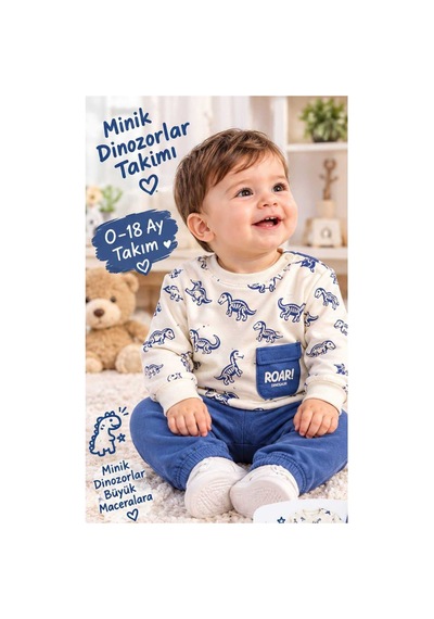 Üç Gül Ticaret Erkek Bebek Dinozor Desenli 2 Li Eşofman Takımı 0-18 Ay Mavi