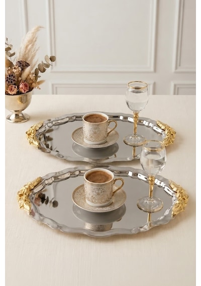 2'li Büyük Boy Vintage İşlemeli Oval Gold Kahve Sunum Tepsisi-servis Tepsisi 28 Cm Gold