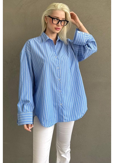 Madmext Mavi Çizgili Regular Kesim Kadın Gömlek Mg2610 Mavi